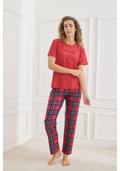 Kompedan Kadın Ekose Desenli Bisiklet Yaka Pijama Takım Kırmızı 30102-598 Kırmızı