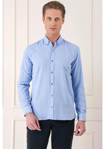 Efor Slim Fit Düğmeli Yaka %100 Pamuk Klasik Mavi Gömlek Gk 723 Mavi
