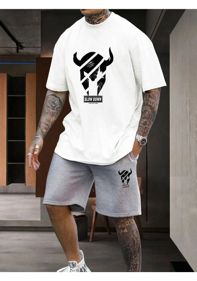 Slow Down Baskılı Gri Şort Beyaz T-shirt Takım Gri Beyaz