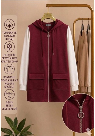 Peka Kadın Kapüşonlu Tesettür Uzun Tunik Yelek Fermuarlı Cepli Pamuklu Kumaş Bordo Bordo