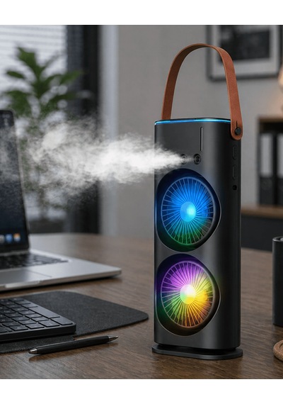 Çift Başlıklı Taşınabilir Fan Rgb Işıklı Sprey Nemlendiricili Masaüstü Serinletici Fan Tkdytgsdkckzn339hx1