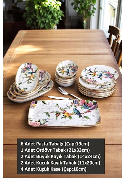 6 Kişilik 15 Parça Seramik Pasta Sunum Tabağı Takımı Beyaz