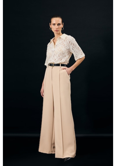 Sateen Kemer Detaylı Pantolon - Bej-137346