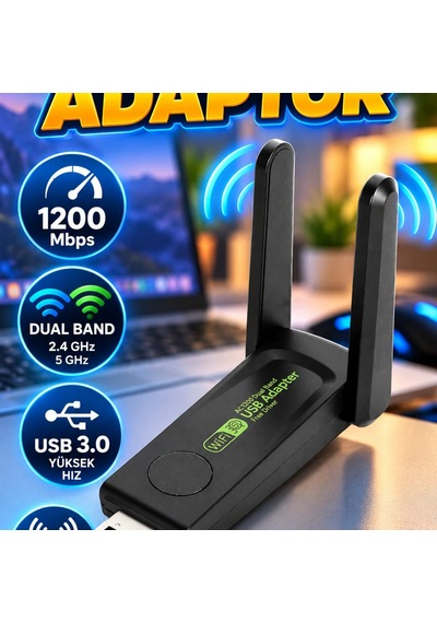 Usb 3.0 Wifi Alıcı Adaptör 1200 Mbps Dual Band Çift Antenli Kablosuz Ağ Adaptörü
