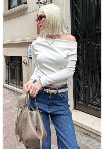Seeh Beyaz Kadın Off Shoulder Uzun Kollu Bluz Sh327