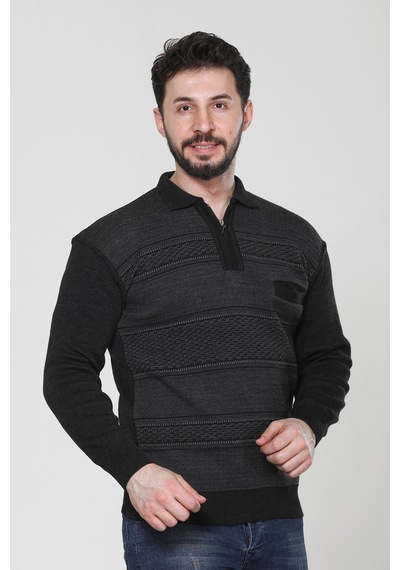 Kzc Tekstil Erkek Baba Orta Yaş Ve Üzeri Triko Örgü Akrilik Kışlık Regular Fit Cepli Fermuarlı Polo Yaka Kazak Antrasit