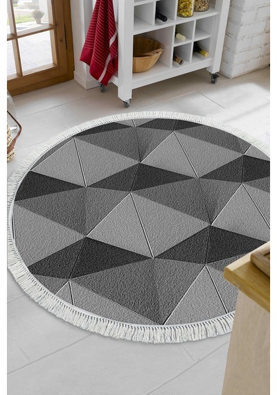 Alanur Home Kaymaz Dijital Mutfak & Salon Halı Star Pamuk Saçaklı Yuvarlak Geometrik E5030 gri