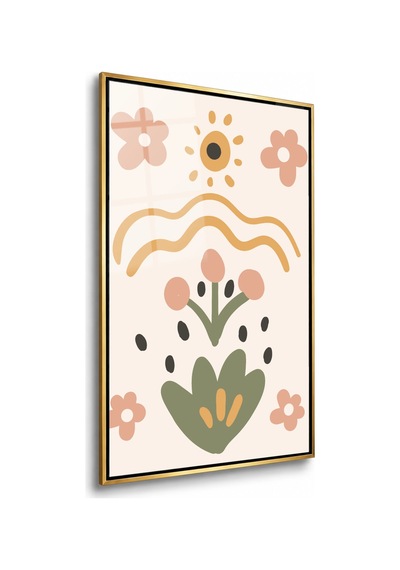Çiçekli Folk Desen Gold Çerçeveli Cam Tablo