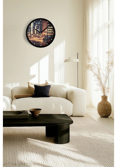Klasik Araba Ve Gece Şehir Modern Duvar Saati - 30cm - Önü Camlı Siyah Kasa - Sessiz Mekanizma-jh0779 Siyah