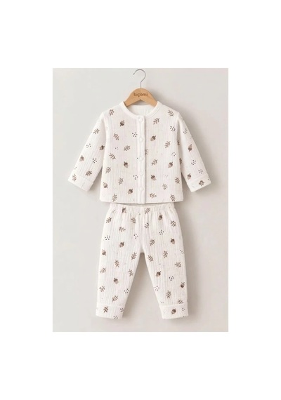 Biçomi Gece Terletmeyen Çıtçıtlı %100 Pamuk Bebek Pijama Takımı Kolay Giyilen Palamut Desenli Peny Ekru
