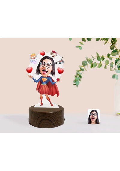 Kişiye Özel Süper Anne Karikatürlü Dekoratif 3D Biblo Led Işıklı (481507409)