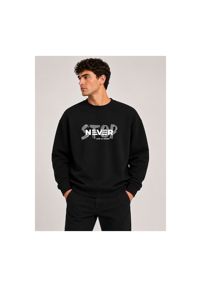 Herkesemoda Stop Never Detaylı Bisiklet Yaka Şardonlu 2 İplik Sweatshirt Siyah