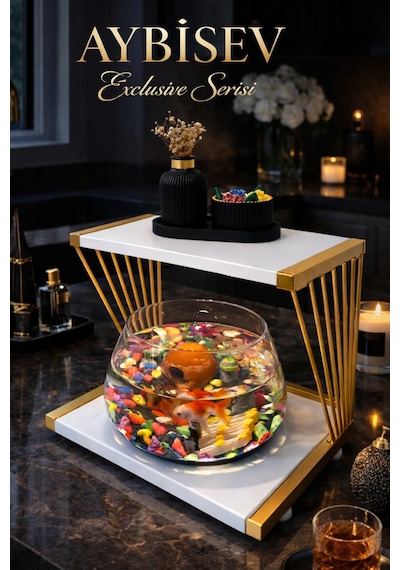 Reyo Ok-ay Store Exclusive Işıklı Beta Akvaryum Ve Fanus Modern Tasarım Led Aydınlatmalı Modern Temalı Fanus Gold-beyaz