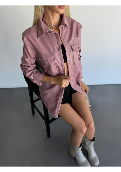 Kadın Pembe Oversize Düz Kesim Deri Ceket Pembe