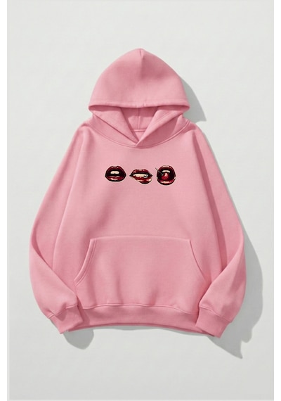 Uyguntarz Unisex Yumuşak Dokulu 3'lü Dudak Baskılı Tasarım Oversize 3 İplik Hoodie Sweatshirt Pembe