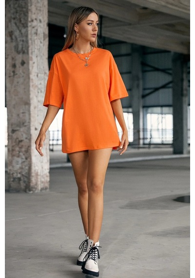 Oversize Unisex Baskısız T-shirt Turuncu