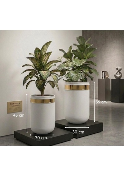 Dekoratif Glossia Beyaz Gold 55 Cm Ve 45 Cm İkili Saksı Set