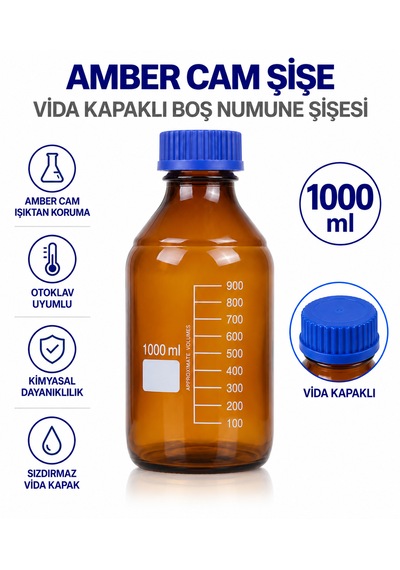 Amber Cam Şişe 1000 Ml - Vida Kapaklı Boş Numune Şişesi - Otoklav Şişe