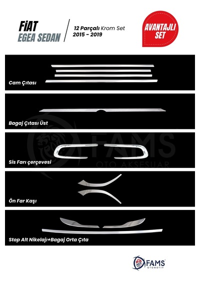 Fiat Egea 2015-2019 Sedan 12 Parça Krom Set Cam Çıtası-bagaj Çıtası Üst-sis Farı-ön Far Alt-stop Alt Nikelajı P.çelik