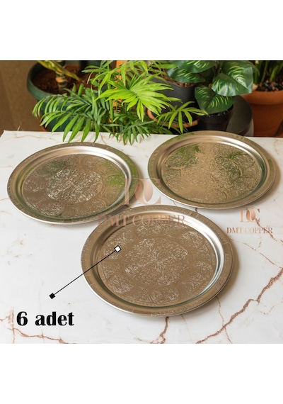430 Kalite Krom Çelik 6 Adet Tepsi 24 Cm Fırına Uygun, Osmanlı Motifli, Kebap & Restoran Sunum Tepsisi Gri