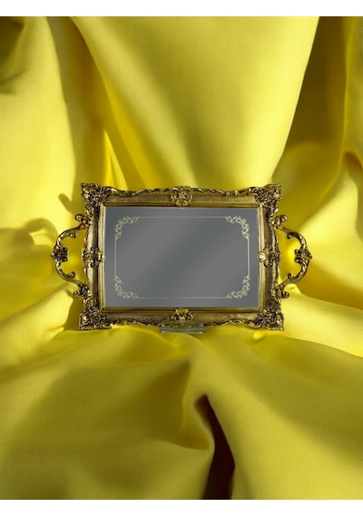 Polyester Dikdörtgen Epoksi Cam Tepsi - Gold Siyah Gold Siyah