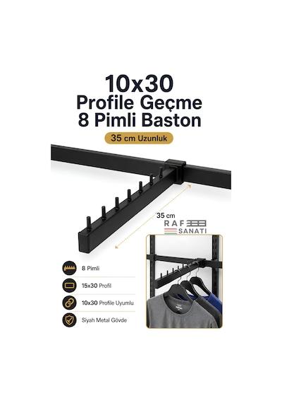 10 Adet - Pimli Baston Ab-1 Uyumu - 10x30 Profile Geçme - Pimli Baston Askılık 35 Cm Mağaza Raf Askılık Aparatı Siyah