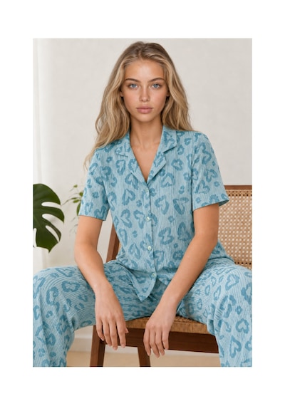Fit Women Kadın Kısa Kol Desenli Mint Pijama Takımı 4740 Mint Yeşili