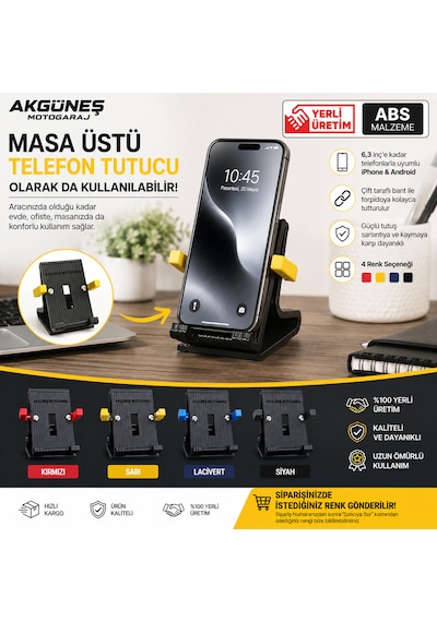 Akgüneş Motogaraj Araç İçi Torpido & Masa Telefon Tutucu 6,3 İnç Uyumlu Abs Masaüstü Telefon Standı Siyah Gri