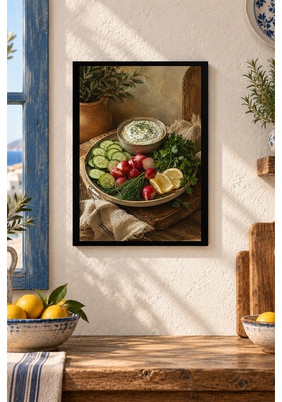 Salatalık Ve Turp Tabağı Desenli Dekoratif Mdf Tablo, Çerçeve Görünümlü Ahşap Poster