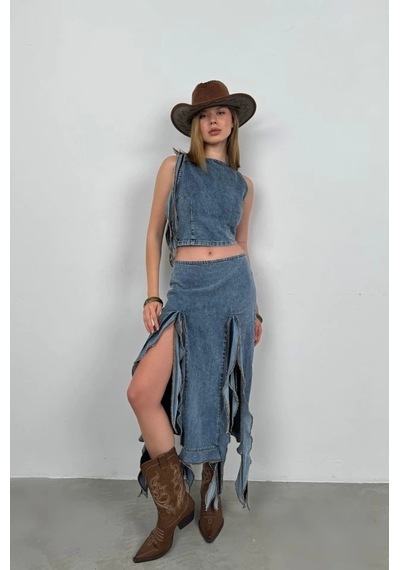 Defymoda Fırfır Detay Denim Bluz Açık Mavi