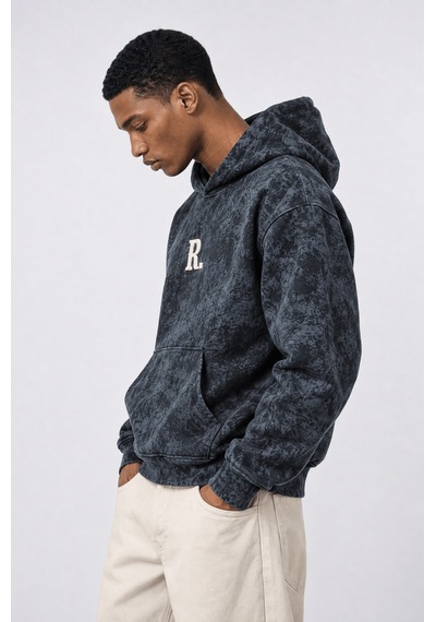 Respire Erkek Revere Nakışlı Yıkamalı Oversize Hoodie Siyah
