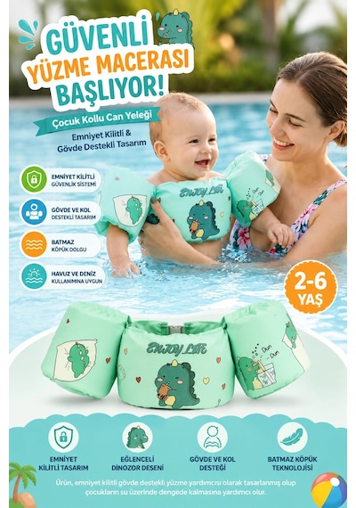 Çocuk Kolluk Can Yeleği Emniyet Kilitli Gövde Destekli Yüzme Yardımcısı Dinozor Desenli Fl002