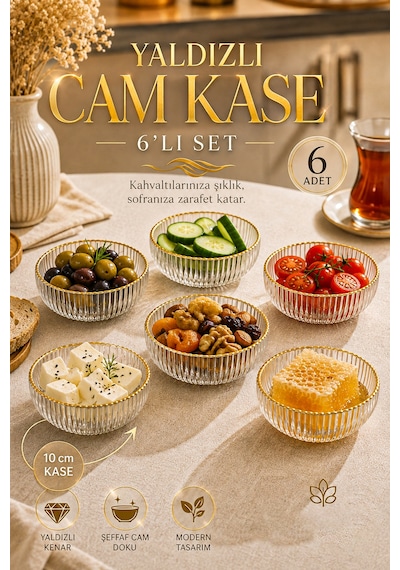 Porsima 13877-1 Vanes 6'lı Gold Yaldızlı Floren Cam Sunum Kasesi 10 Cm - Çerezlik & Reçellik Altın