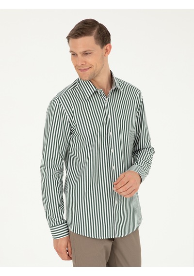 Cacharel Koyu Yeşil Slim Fit Pamuklu Çizgili Gömlek