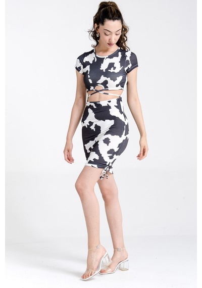 Rabia Çelik Önden Çapraz Bağlamalı Elbise Siyah Ve Beyaz Siyah Ve Beyaz