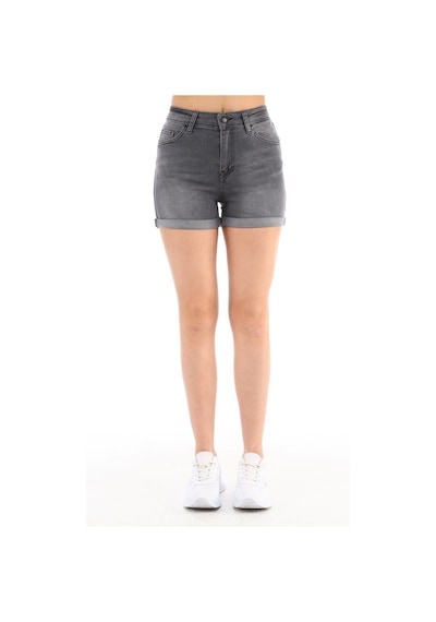 Cedy Denim Kadın Yüksek Bel Duble Paça Kot Şort Klasik Mini Jean Şort C604 GRİ