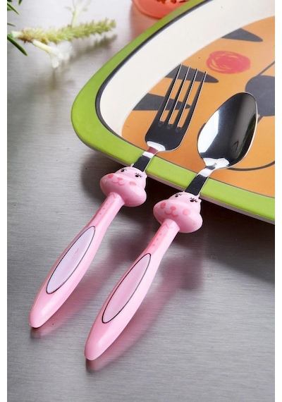 Baby 3 Parça Tavşan Figürlü Çocuk Çatal Kaşık Ve Mama Tabağı Seti Pembe