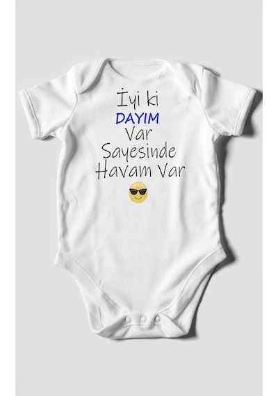 İyi Ki Dayım Var Sayesinde Havam Var Baskılı Bebek Zıbını Çıtçıtlı Body %100 Pamuk Kısa Kol Beyaz
