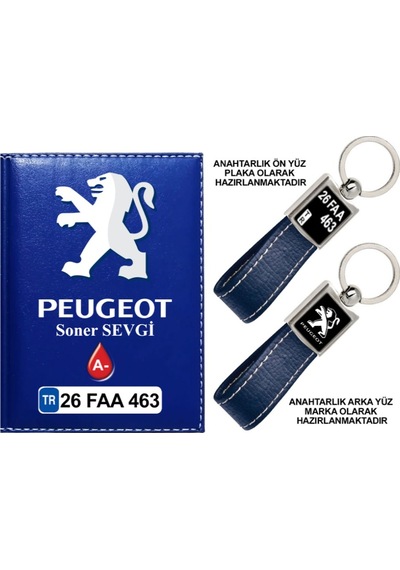 Plakanıza Özel Peugeot Logolu Lacivert Ruhsat Kabı Ve Anahtarlık