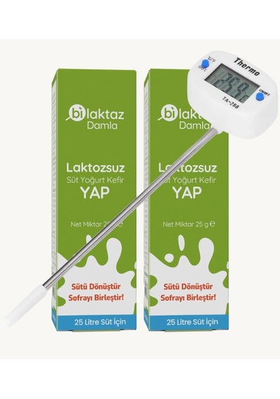 Bilaktaz Evde Laktozsuz Süt Yoğurt Ve Kefir Yapım Seti - Eko Paket 2 Adet Laktaz Enzimi Damlası 25 G + Süt Termometresi