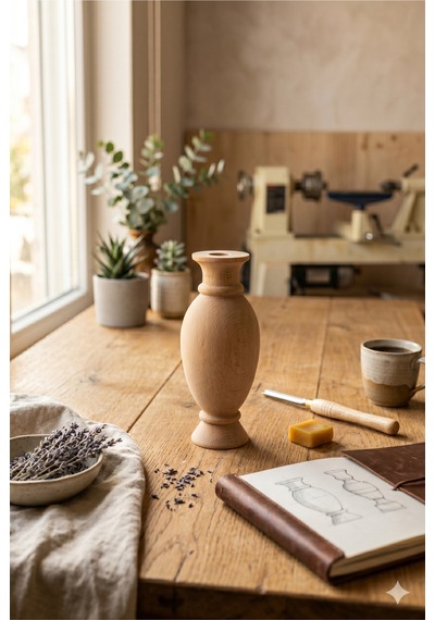 El Yapımı Masif Ahşap Dekoratif Vazo Mumluk - Minimalist Modern Boho Tarzı Doğal Ev Aksesuar Objesi Açık Bej