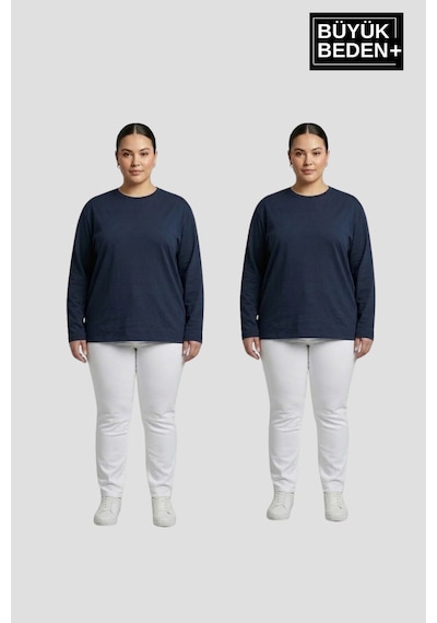 Superlife Kadın Büyük Beden 2'li Set İnce Penye Bisiklet Yaka Tişört Spr26bts942+2 Lacivert Superlife Kadın Büyük Beden 2'li Set İnce Penye Bisiklet Yaka Tişört Spr26bts942+2 Lacivert