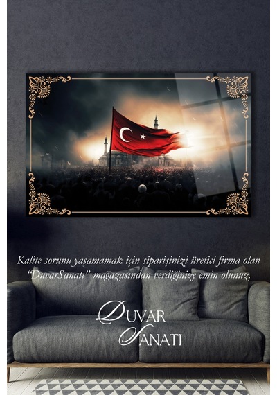 Dalgalanan Türk Bayrağı Ve Cami Cam Tablo , Modern Ev Ofis Salon Duvar Dekoru Büyük Tablo ,hediyelik