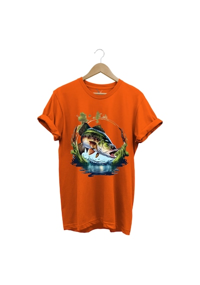 Balıkçılık Levrek Balıkçılığı Fishing Doğa Ve Deniz Baskılı Regular Fit %100 Pamuk Tişört Turuncu