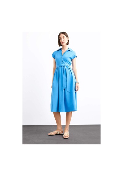Defacto Terry Cotton Kısa Kollu Kemerli Midi Elbise G0392ax25smbe723 Mavi