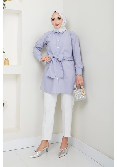 Nevayla Moda Çizgili Poplin Bağlamalı Gömlek - Lacivert / Ü103 Lacivert