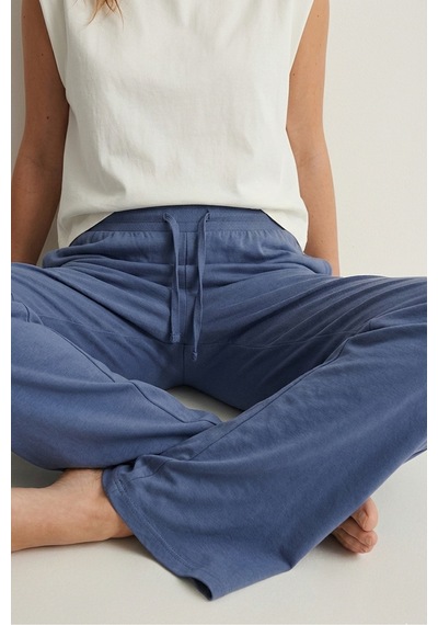 Elemge %100 Pamuk Süprem Kadın Pijama Altı Bol Kalıp Compact Penye İndigo Geniş Paça Ipli Terletmez Alt