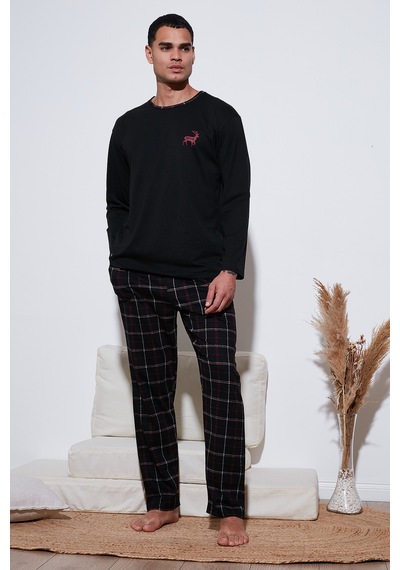 Buratti Pamuklu Regular Fit Bisiklet Yaka Ekoseli Erkek Pijama Takımı 6574001 Siyah