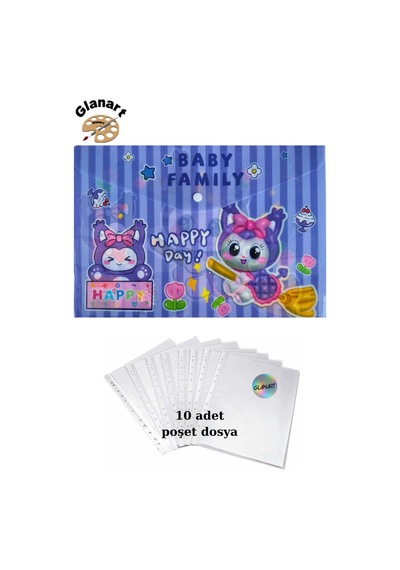 A4 Boy Çıt Çıt Ödev Dosyası +10' Lu Poşet Dosya Baby Family Çok Renkli