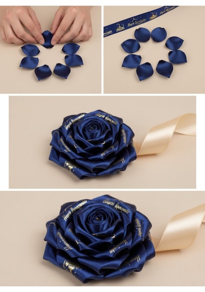 Hayırlı Ramazanlar Yazılı Hediye Paketleme Kurdelesi, Altın Varak Lacivert Saten Kurdele, 2.5cm X 5m Standart